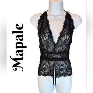 Mapale Womens Crotchless Bodysuit Lingerie Sz L Halter Tie Sexy Sheer